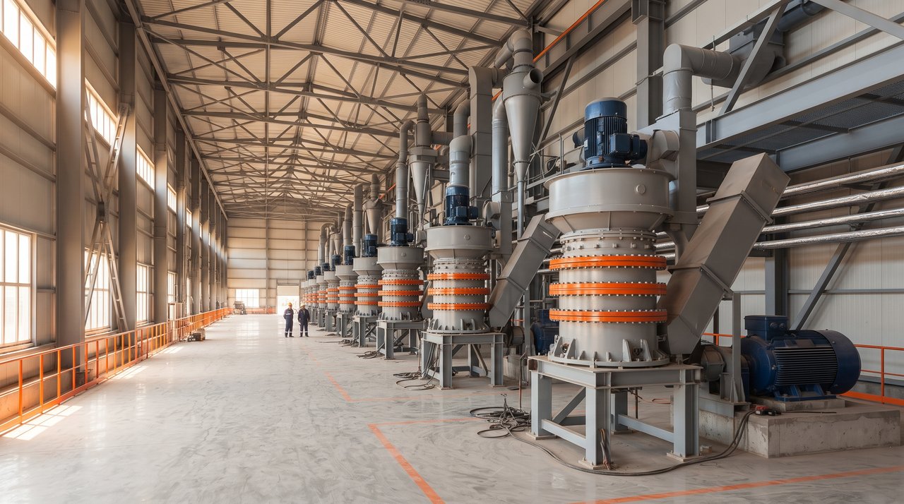 Several SX ultrafine mills lined up across a steel-frame powder plant